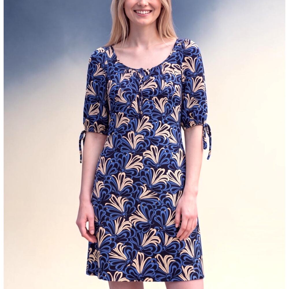 INC International Concepts Black Blue Cream Swirl Print Shift Dress Scoop Neck